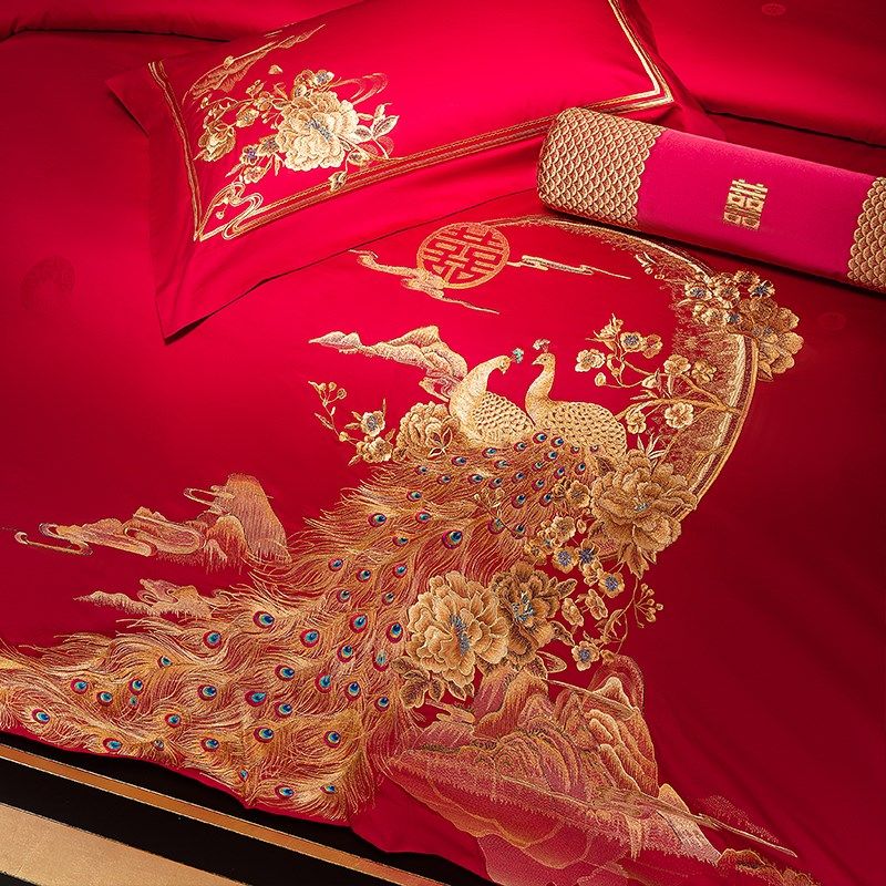 思辰家纺高端结婚四件大红全棉刺绣喜被中式婚庆十件床上用品,床上用品,婚庆床品套件,淘宝优惠券,粉丝福利购,淘宝优惠卷