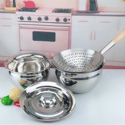 特厚304不锈钢油盆带盖漏勺过滤网套装猪油缸调料盆涨形油鼓油桶