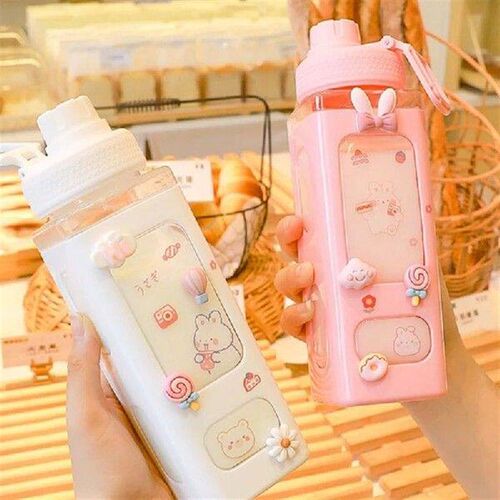 700ml Cute Water Bottle for with Lid Straw Sticker Plastic