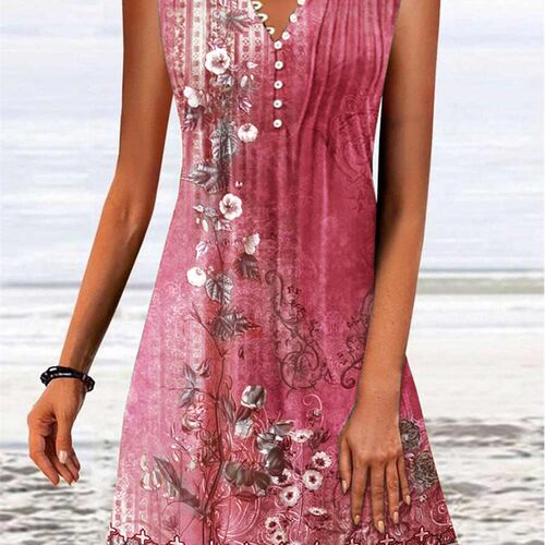 Elegant Plant Flower Print Dress Womens Button V Neck