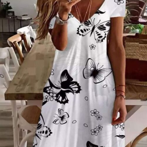 Spring Summer Womens Flower Butterfly Print V Neck A Line