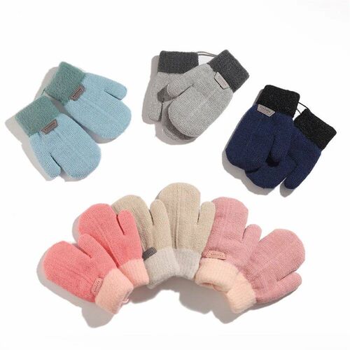 Winter Wool Baby Gloves Plush  Knit Kids Mittens Halter Warm