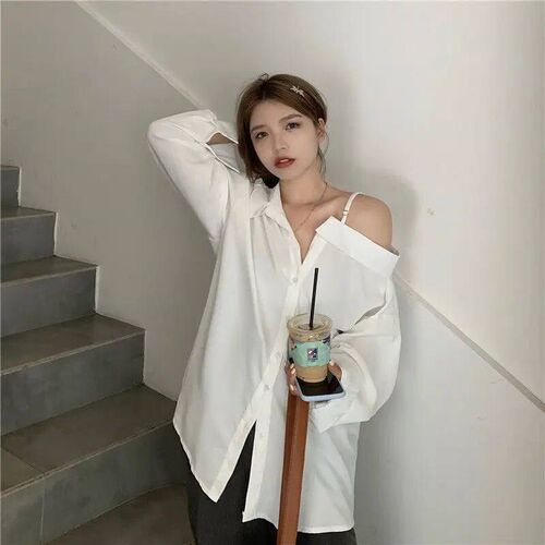 Deeptown Women Blouses Casual Korean Style Off Shoulder Long
