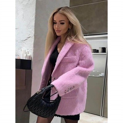 Women Mohair Woolen Plush Suit Coat Elegant Long Sleeve Loos