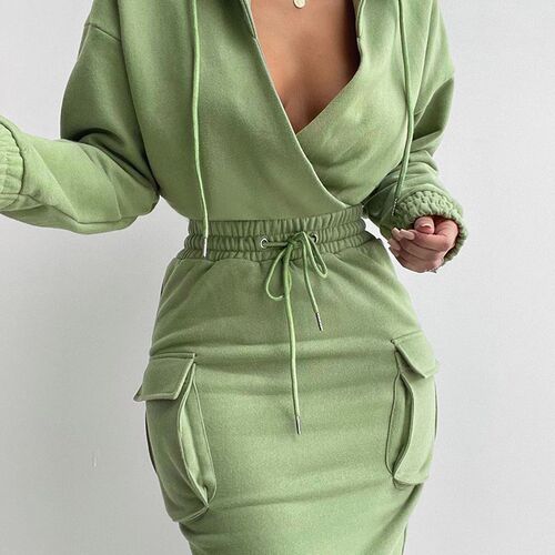 New Casual Long Sleeve V Neck Lowcut Grey Dress Flap Detail