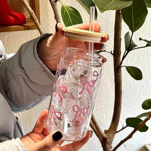 500ml Cute Bow Glass Cup Tumbler Mason Jar Shaped Water Bott