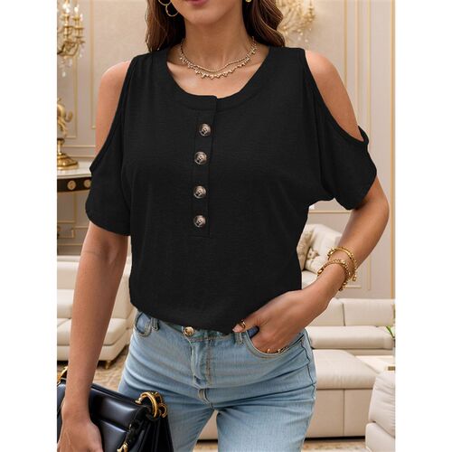 2025 Womens Top Solid lor Shoulder Fashionable Short-sleeve