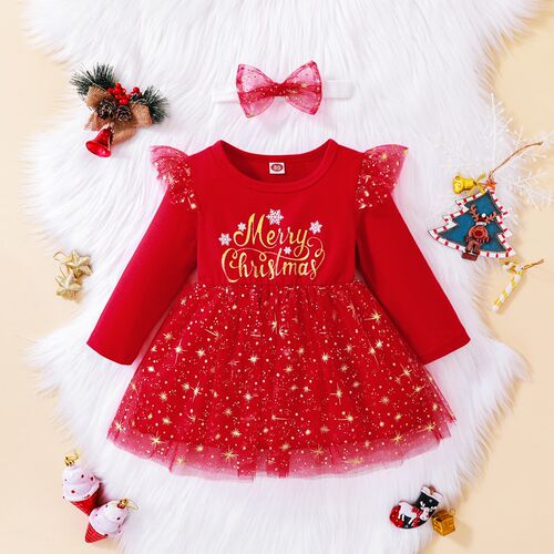 Baby Girls Dress Red Deer Sequins Long Sleeve O-neck Letter