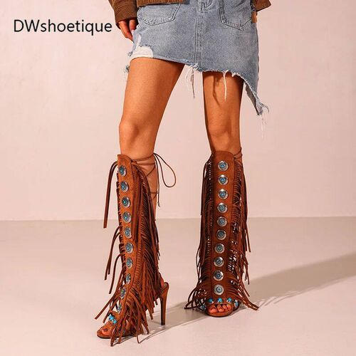 Real cow suede leather  tassels women sandals peep toe jewel