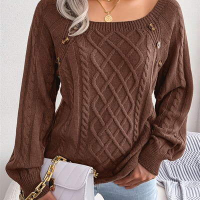 Women Casual Square Collar Buttons Long Sleeve Knitted