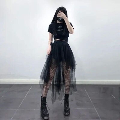 Gothic Black Tulle Skirt Women Summer Fashion High Waist Str