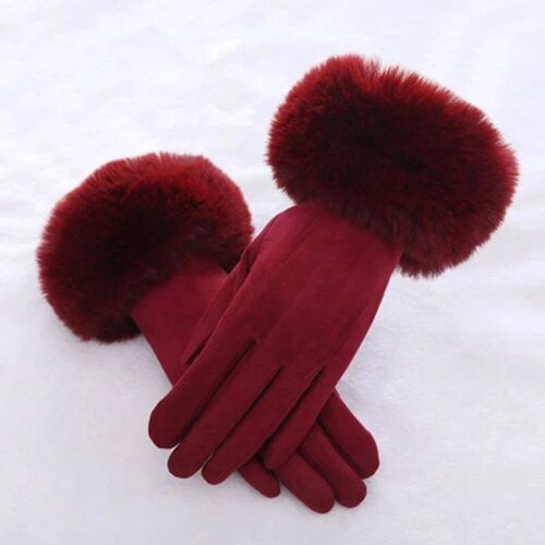 Female Faux Rabit Fur Suede Leather Touch Screen Driving Glo