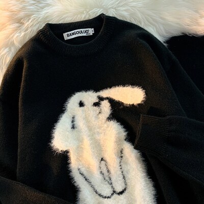 Winter Vintage Rabbit Flocking Sweater Loose Round Neck Long