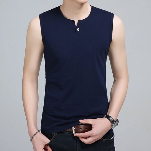 Yingao Mens Korean Vest Single Buckle Wide Shoulder Crew Ne