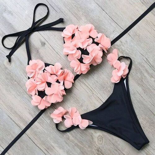 Solid Black Swimsuit Women Low Waist Bikini Set with Flower