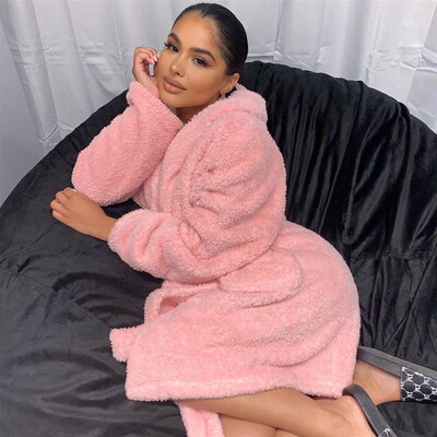 Women Warm Kimono Robe Plush Fleece Bathrobes Soft Long Slee