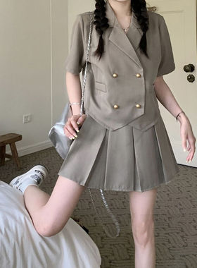 时尚气质套装短袖西装外套女装夏季百褶半身裙短裙子学院风两件套