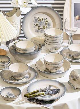 蓝色花卉陶瓷碗釉下彩具套装古田KRR园风中式碗筷乔迁碗盘盘碟组