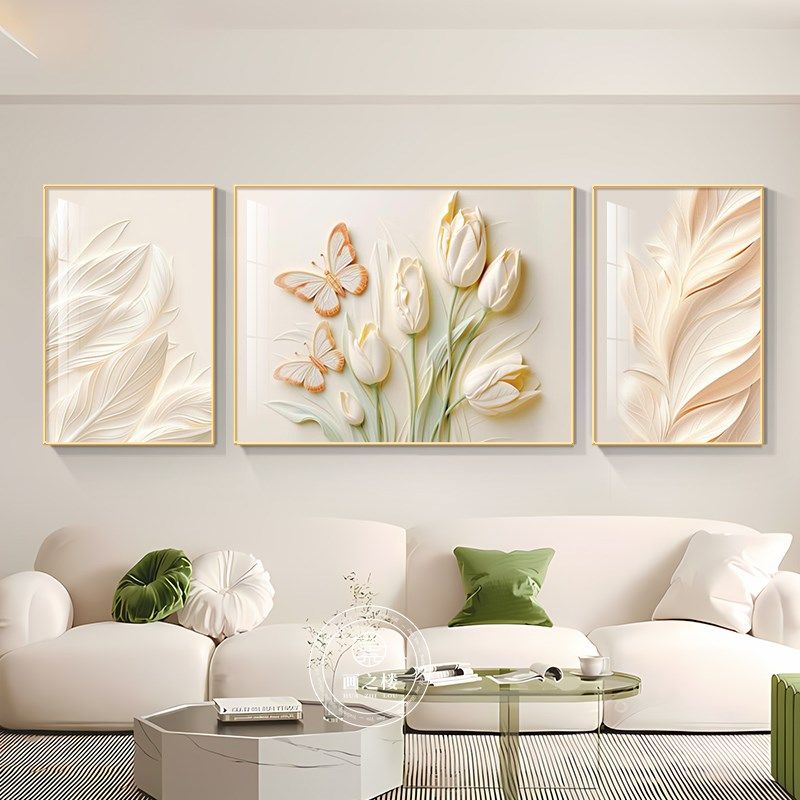 奶油风郁金香客厅装饰画大白墙立体肌理花卉抽象挂画202新款壁画,家居饰品,现代装饰画,淘宝优惠券,粉丝福利购,淘宝优惠卷