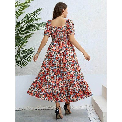 Plus Size Women Clothing Puff Sleeve Floral Maxi Dress Squar