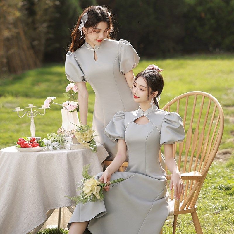中式伴娘服2024新款平时可穿小个子高级感灰色缎面姐妹团礼服显瘦
