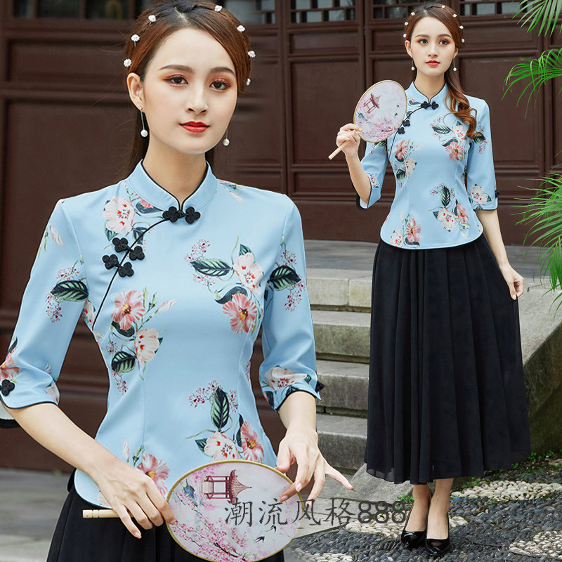 改良旗袍两件套中国风女士唐装汉服茶服复古女装民国女文艺表演服