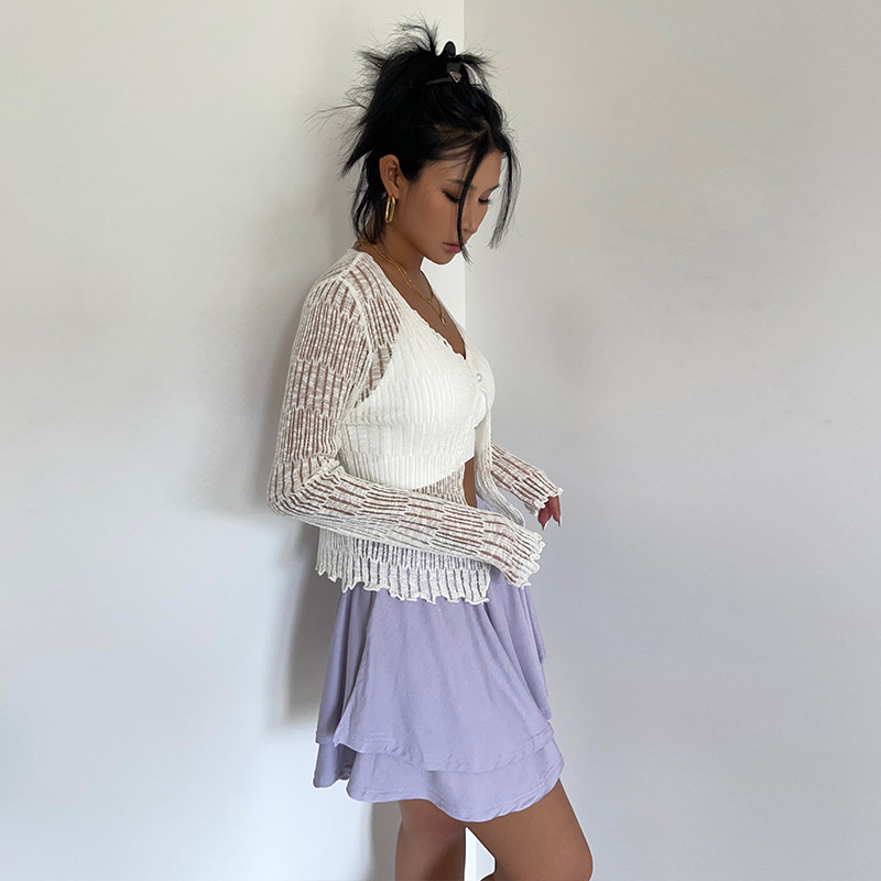 欧美街头镂空木耳边V领长袖针织开衫女夏季薄款气质长袖防晒上衣
