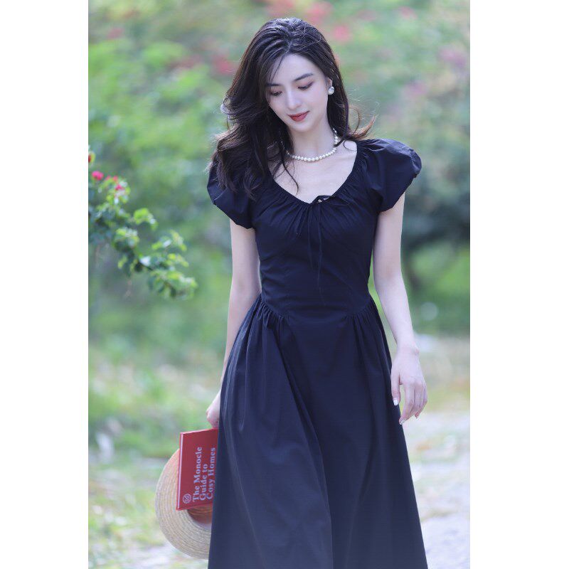2023夏季新款复古小黑裙美丽的皇帝黑色连衣裙显瘦法式仙女裙子女