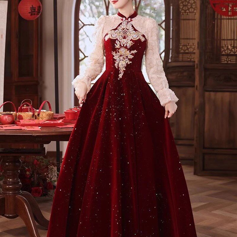 中式旗袍敬酒服2024新款秋冬季新娘结婚高级感订婚高端晚礼服裙女