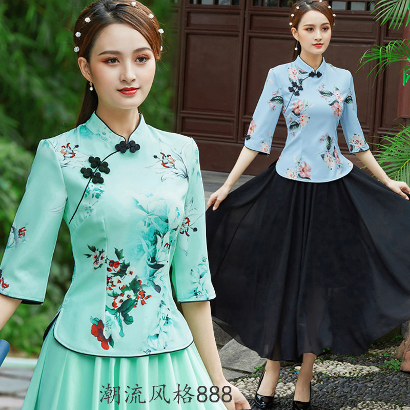 改良旗袍两件套中国风女士唐装汉服茶服复古女装民国女文艺表演服