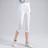 女夏季 薄款 白色宽松直筒大码 松紧腰弹力八分七分九分裤 休闲裤 子女
