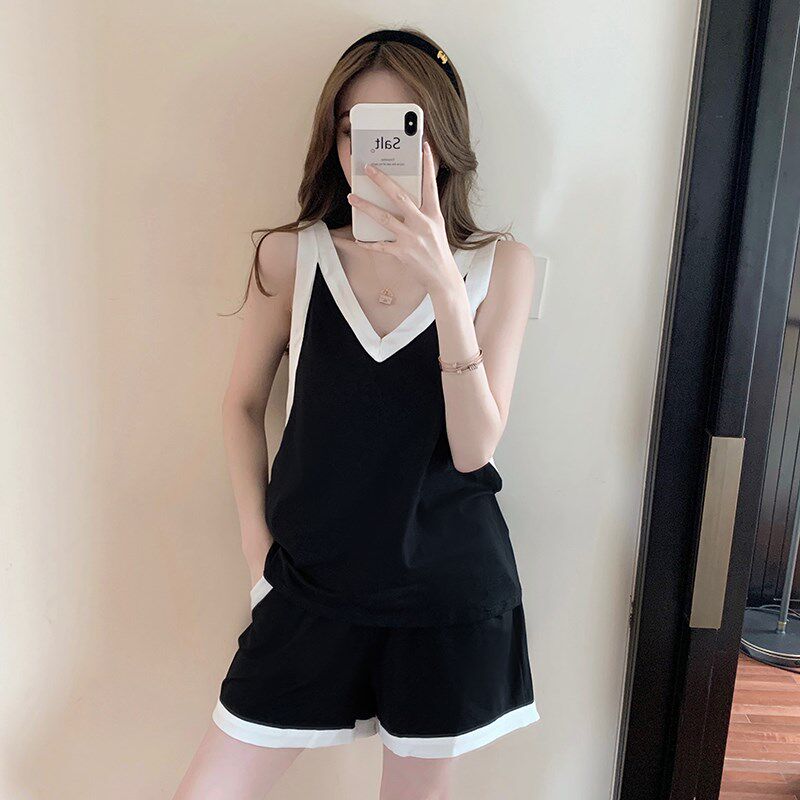 简约气质V领吊带睡衣女款夏季薄款无袖短裤纯棉高级感家居服套装