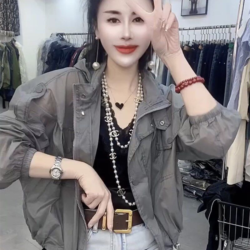 夏天休闲宽松连帽皮肤衣女轻薄料半透明洋气防晒上衣短款透气外套