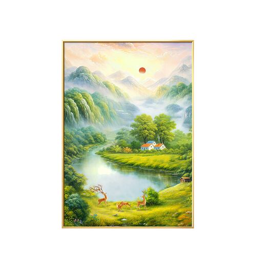 旭日东升玄关装饰画山水风景画进门入户走廊过道壁画客厅手绘油画