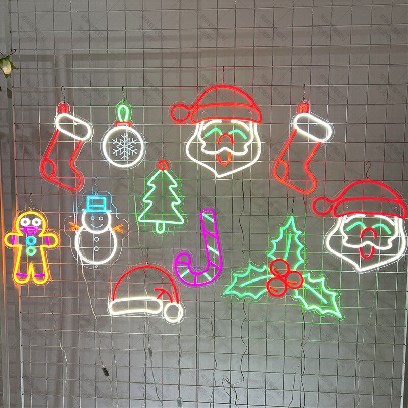 圣诞节霓虹灯圣诞老人帽树袜子拐杖雪人姜饼人冬青叶铃铛装饰灯