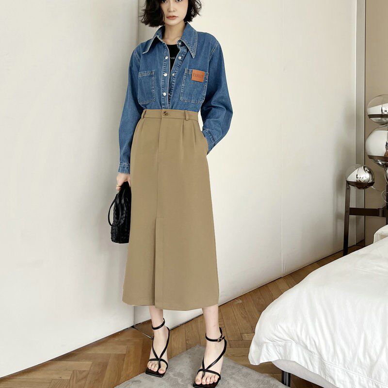 法式复古卡其色直筒裙百搭气质显瘦高腰中长款前开叉半身裙女春夏