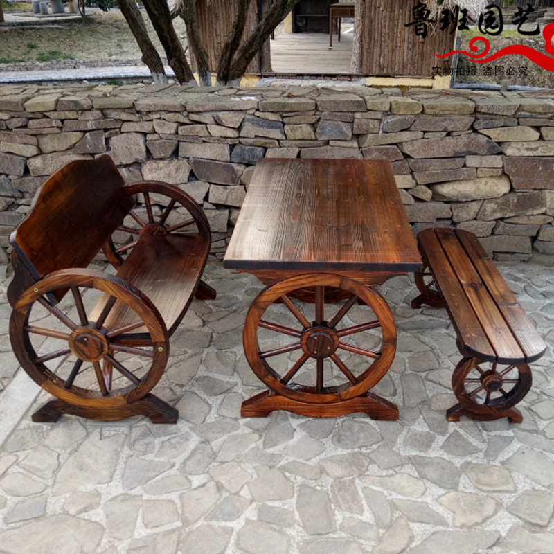 户外防腐木车轮桌椅组合酒吧餐厅阳台室外庭院实木碳化桌椅三件套