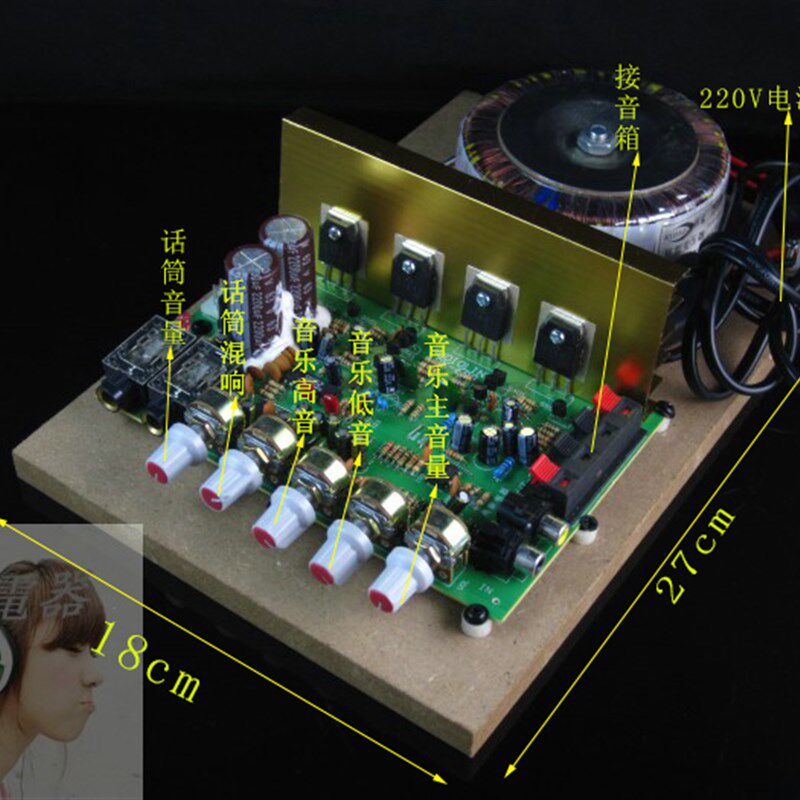 200瓦220V环牛卡拉OK功放板带话筒插口板大功率双声道功放带混响