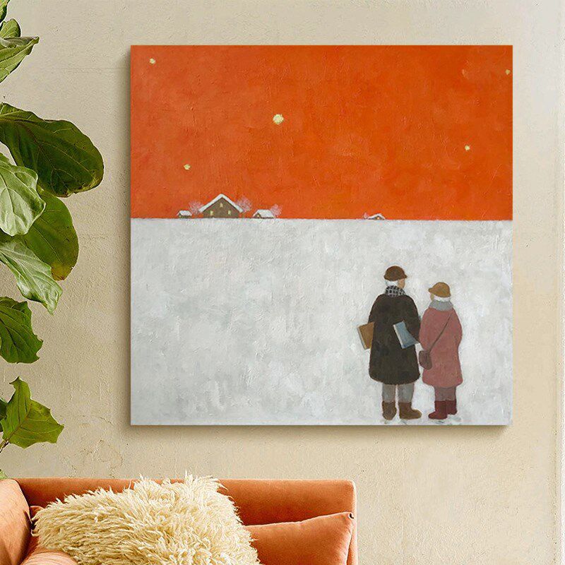 HW.ART手绘油画《携手共度》玄关侘寂风装饰画设计师卧室挂画手工