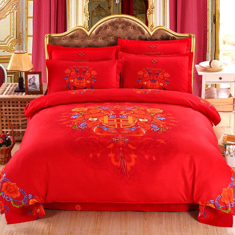 婚庆大红床罩床裙4四件套全棉双层花边公主风1.8m2米被套床上用品