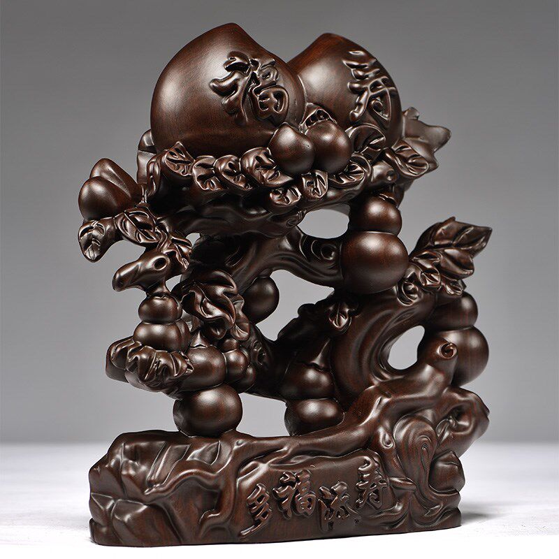 黑檀木雕寿桃摆件祝寿礼品实木雕刻寿桃五福临门葫芦贺寿老人礼品