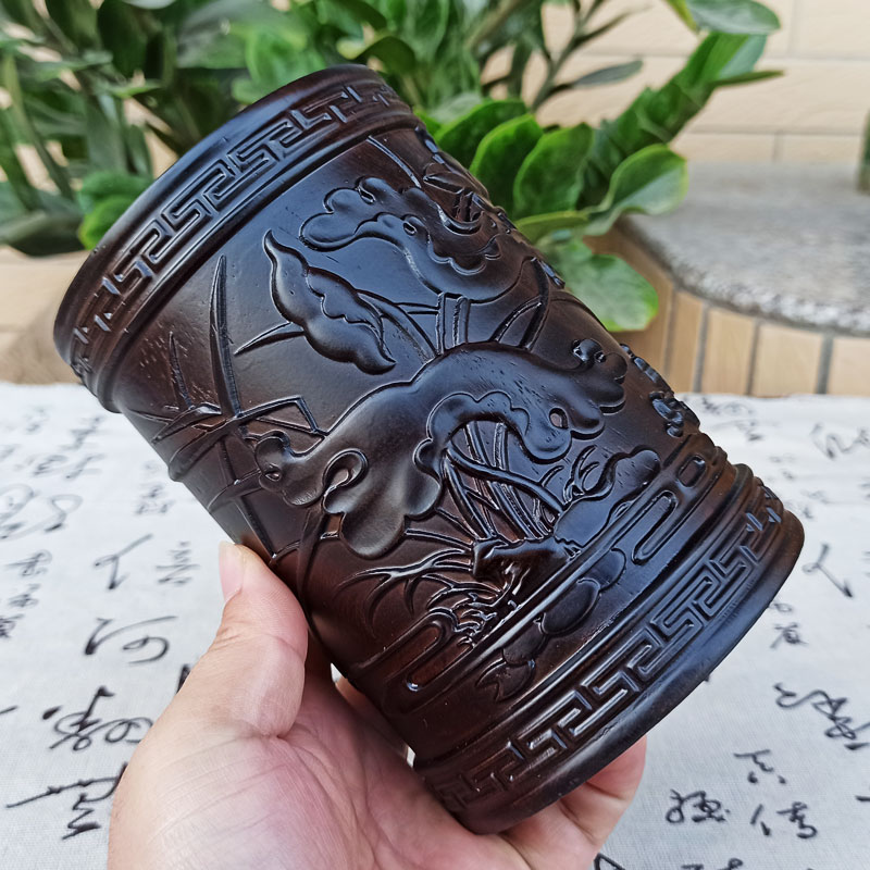 黑檀木实木笔筒创意复古中国风办公室桌面摆件圆形教师节礼物木制
