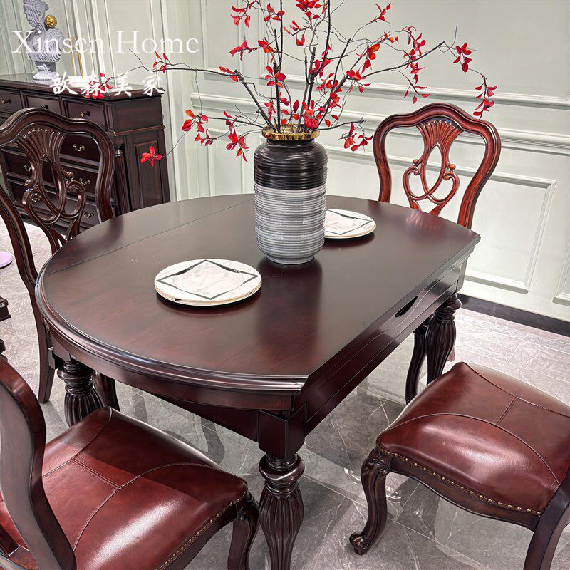 美式餐桌复古乡村轻奢餐厅桌椅组合实木折叠圆桌客厅饭桌家用餐台