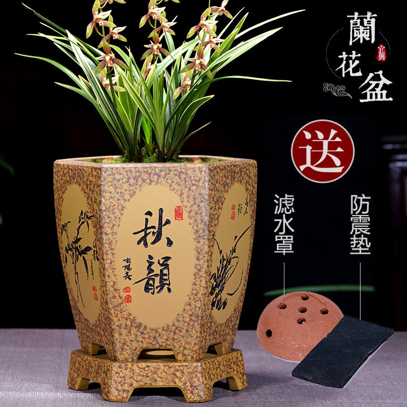 精品紫砂花盆六方兰草盆吊兰君子兰带托盘室内陶瓷花盆兰花专用盆