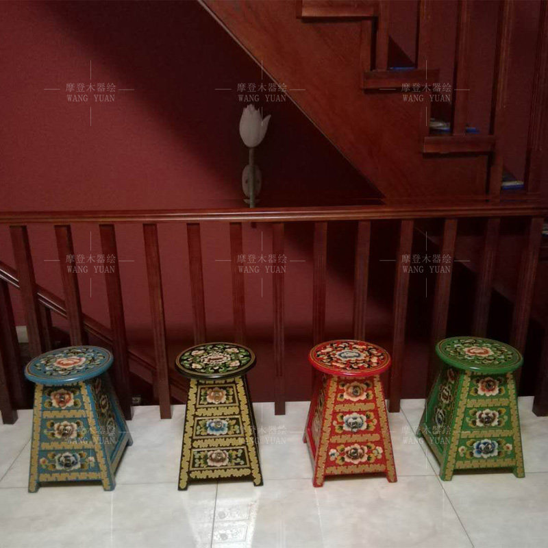 彩绘圆凳子中式换鞋凳门厅储物休闲小茶几新古典凳子实木手绘家具