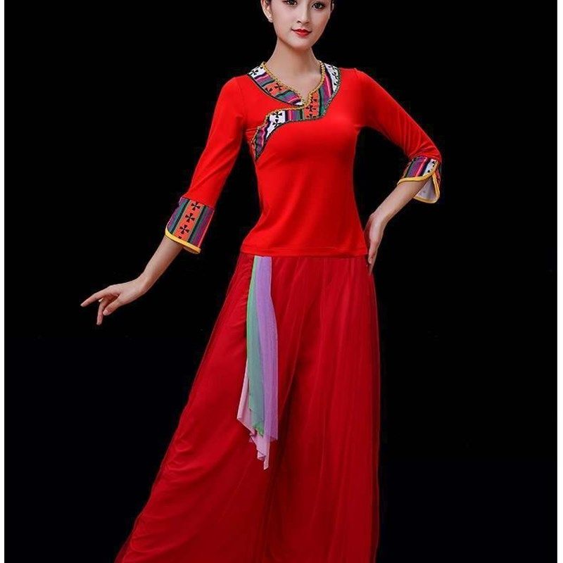 春广场舞服装新款套装女秧歌表演服古典舞舞蹈服装红色阔腿网纱裤,女装/女士精品,民族服装/舞台装,淘宝优惠券,粉丝福利购,淘宝优惠卷