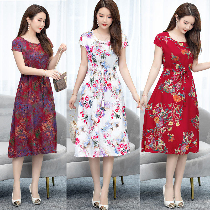 中年妇女胖妈妈过膝裙子中长款中老年女装夏装棉绸连衣裙40-50岁,女装/女士精品,连衣裙,淘宝优惠券,粉丝福利购,淘宝优惠卷