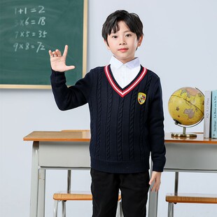 儿童毛衣男女中大童男童v领马甲毛衣长袖背心宝宝校服针织儿童装