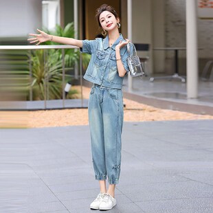 今年流行时尚牛仔套装女装夏季薄款2024新款夏天两件套夏款小个子