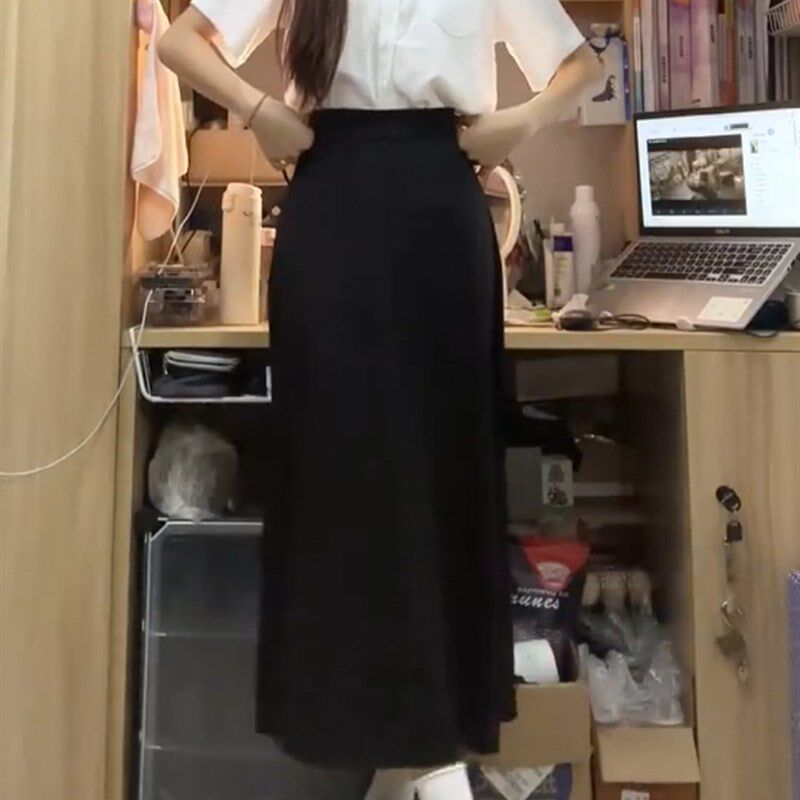 黑色半身裙夏季穿搭大码胖妹妹mm遮肚藏肉裙子垂感高腰a字西装裙